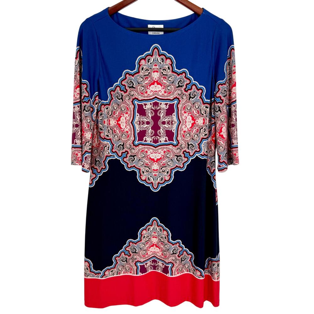DM Collection Womens Sz 10 Super Stretchy Blue Tropical Business Dress Artsy